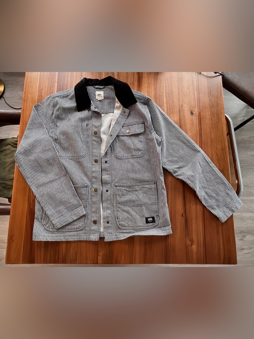 Vans Black & White Striped Chore Jacket with Black Collar